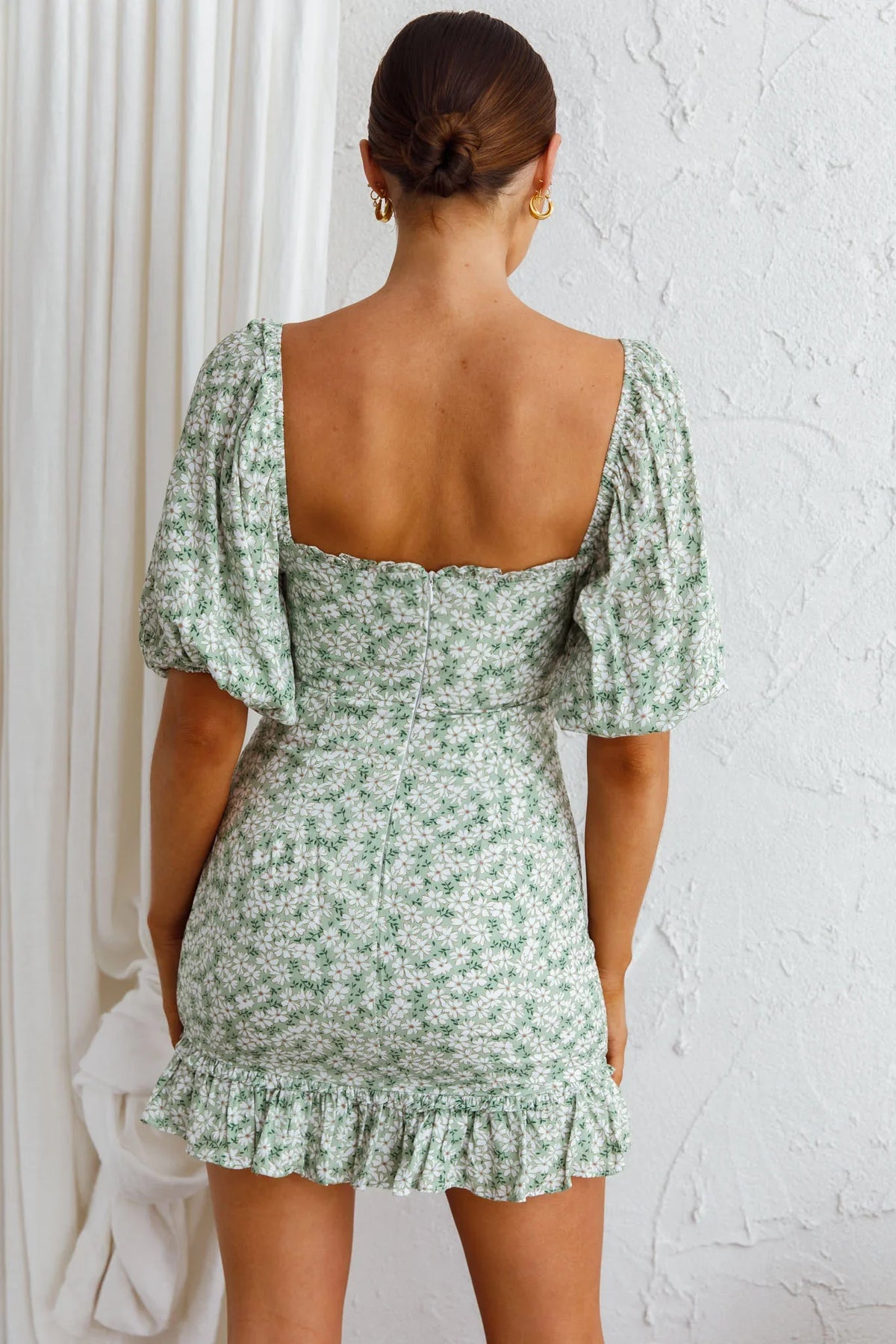Aperol Spritz Shirred Bodice Puff Sleeve Mini Dress Floral Green