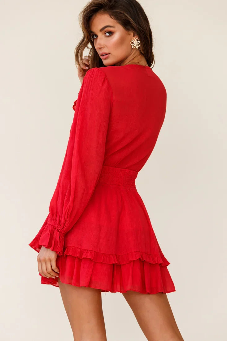 Anthea Bow-Tie Front Layered Frill Dress Red