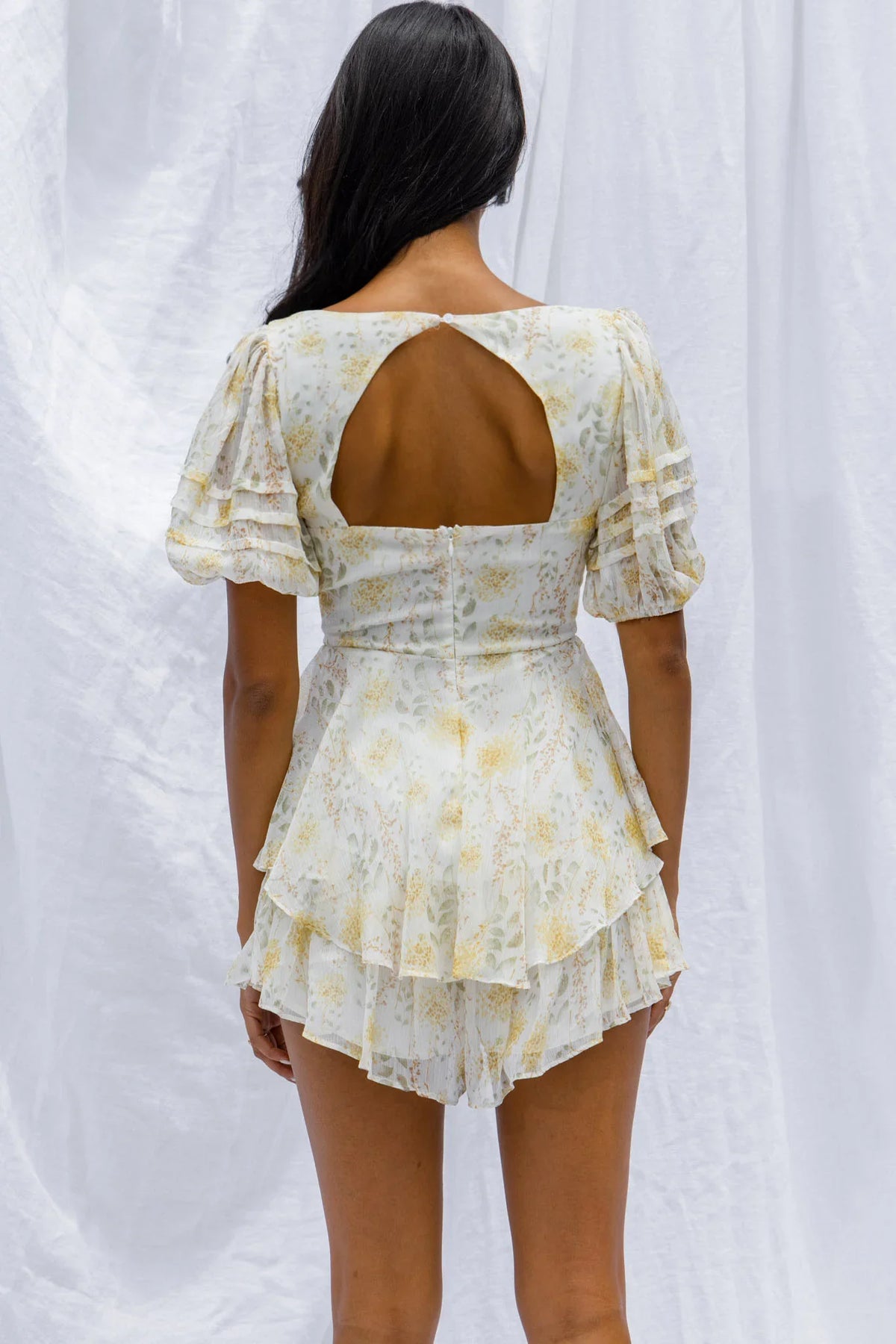 Sun Drops Puff Sleeve Keyhole Back Romper Floral Print Mint