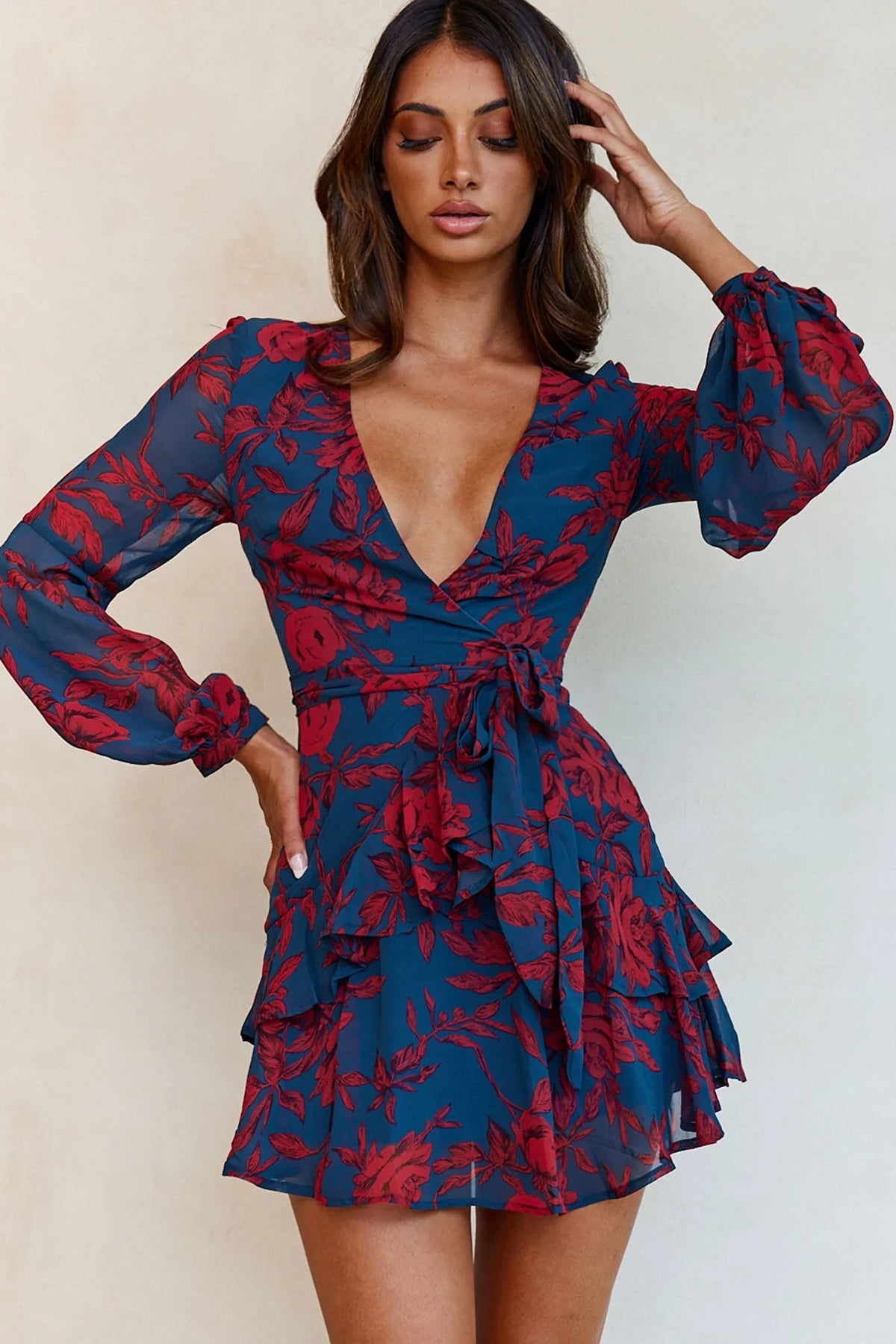 Kerry Layered Balloon Sleeve Dress Forest Green/Red