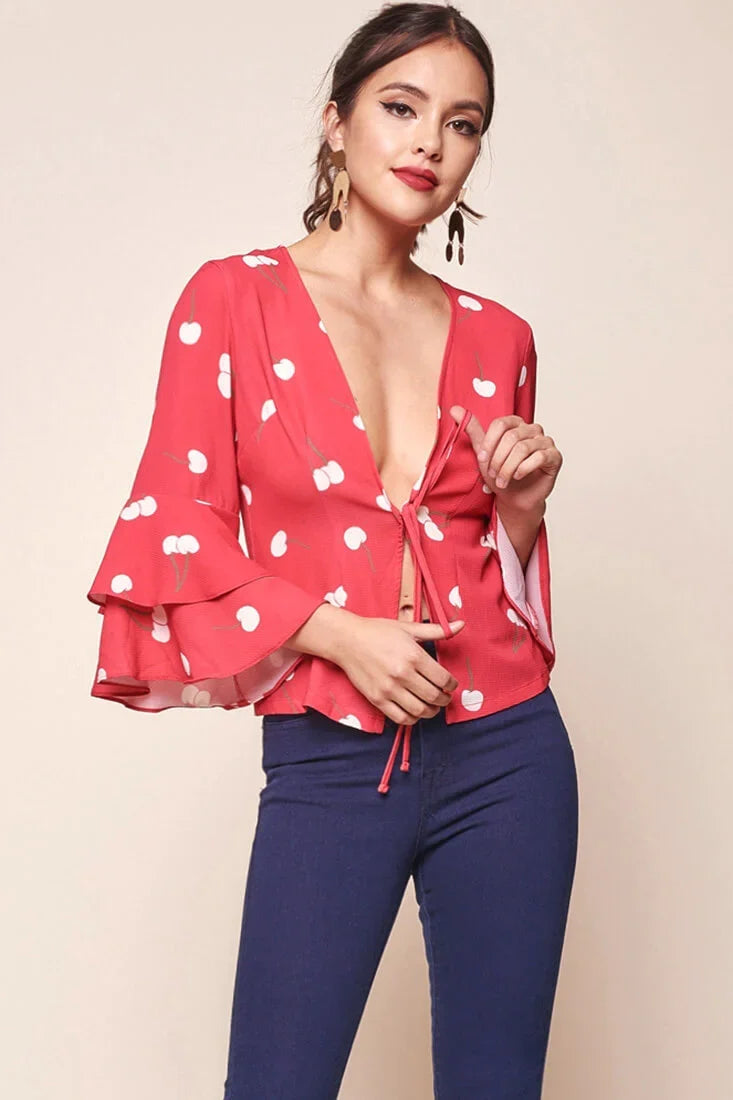 Robbi Cherry on Top Deep V Bell Sleeved Top Red