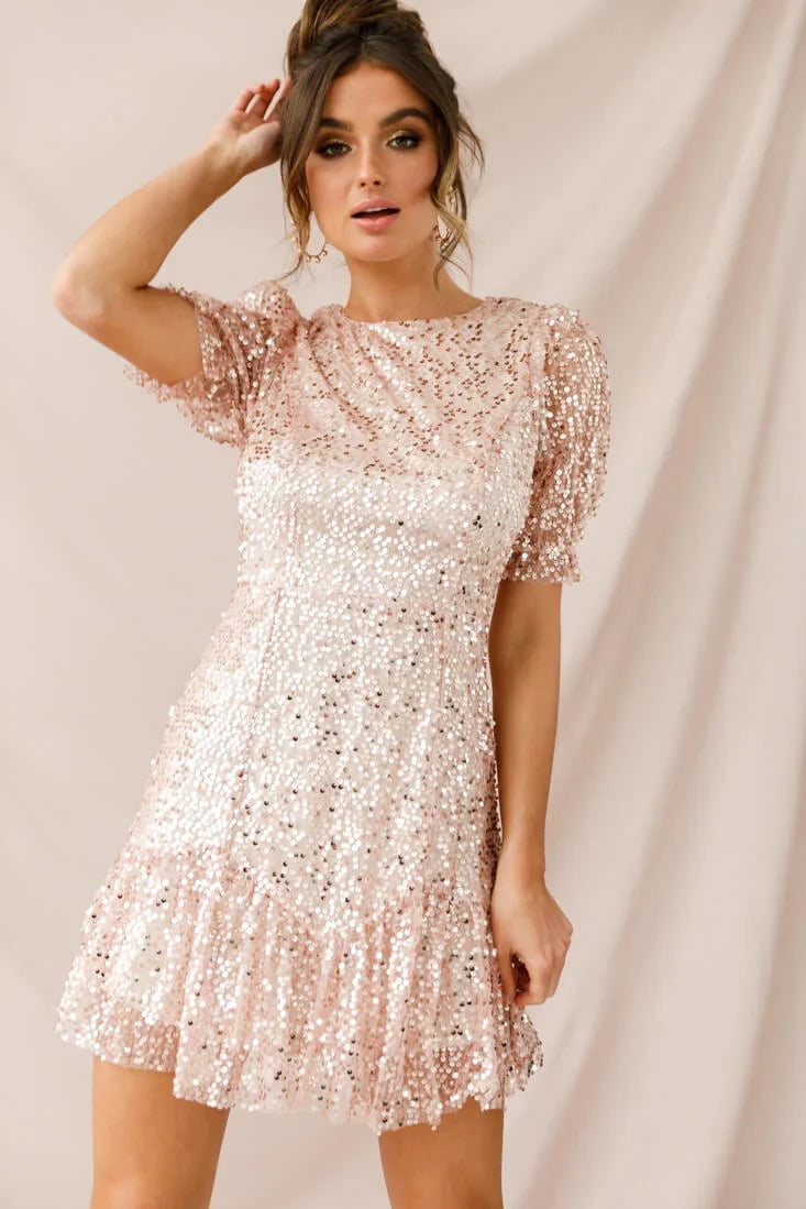 Shine On Sequin Overlay Puff Sleeve Dress Gold