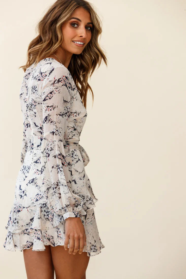 Kerry Layered Balloon Sleeve Dress Flower Pattern Beige