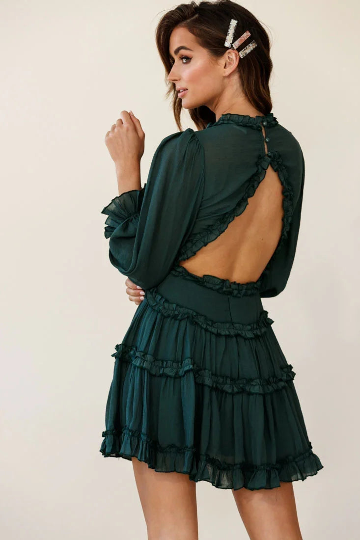 Laney Cutout Back Balloon Sleeve Dress Green