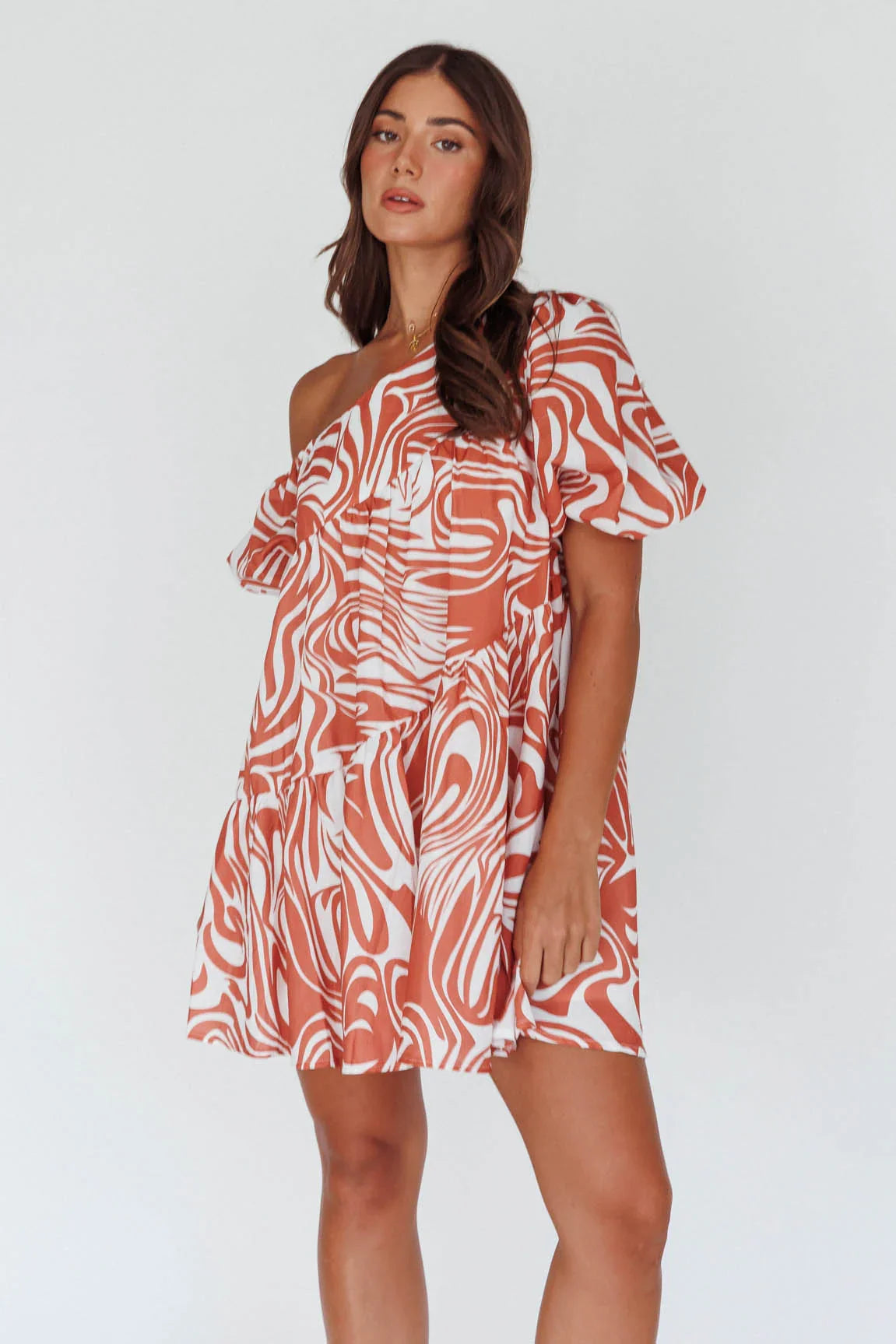 Villa Puff Sleeve One-Shoulder Dress Terracotta