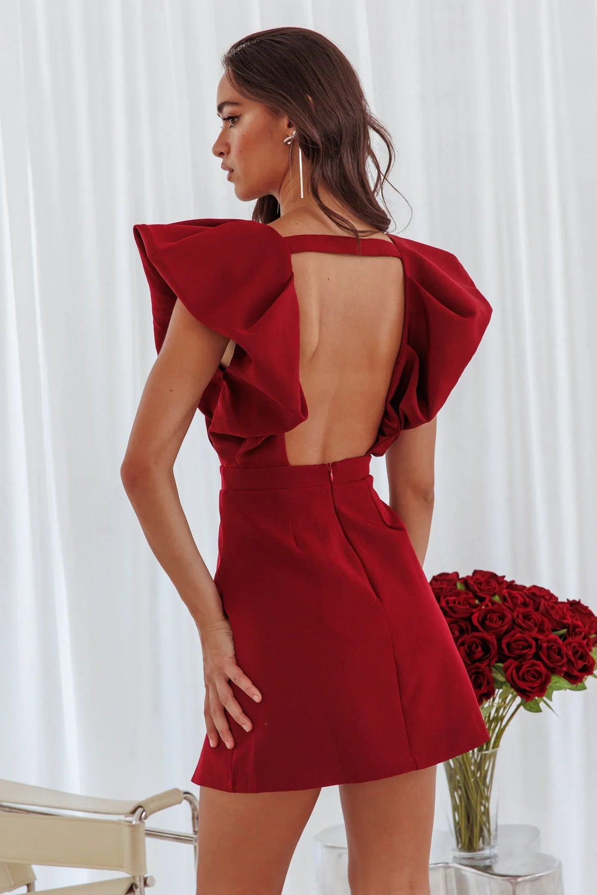 Liardon Bubble Sleeve V-Neckline Mini Dress Wine