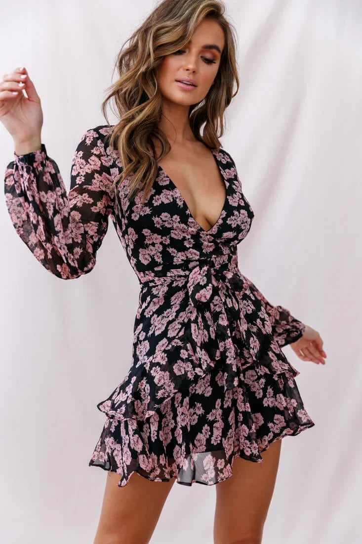 Kerry Layered Balloon Sleeve Dress Black/Pink