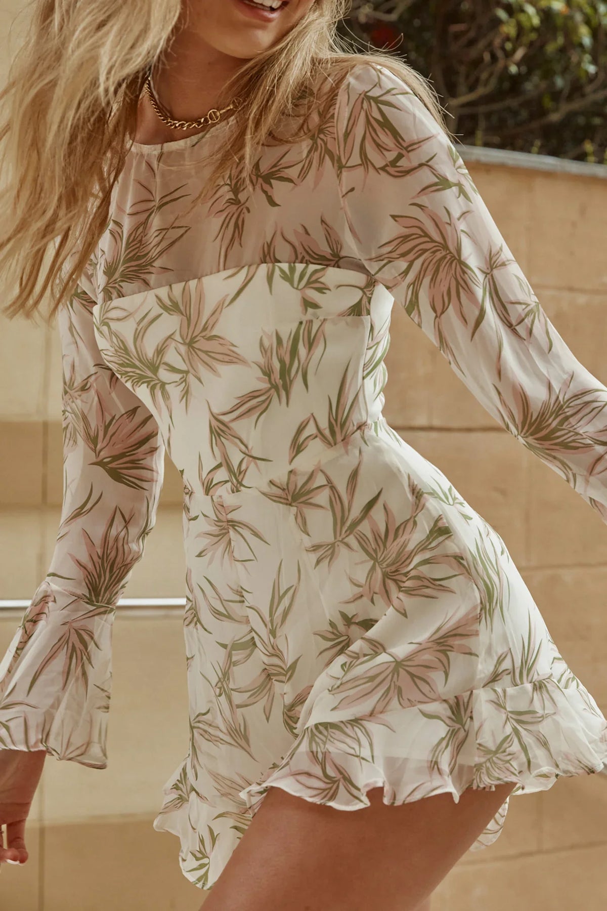 Adalia Long Sleeve Flared Cuff Romper Leaf Print White