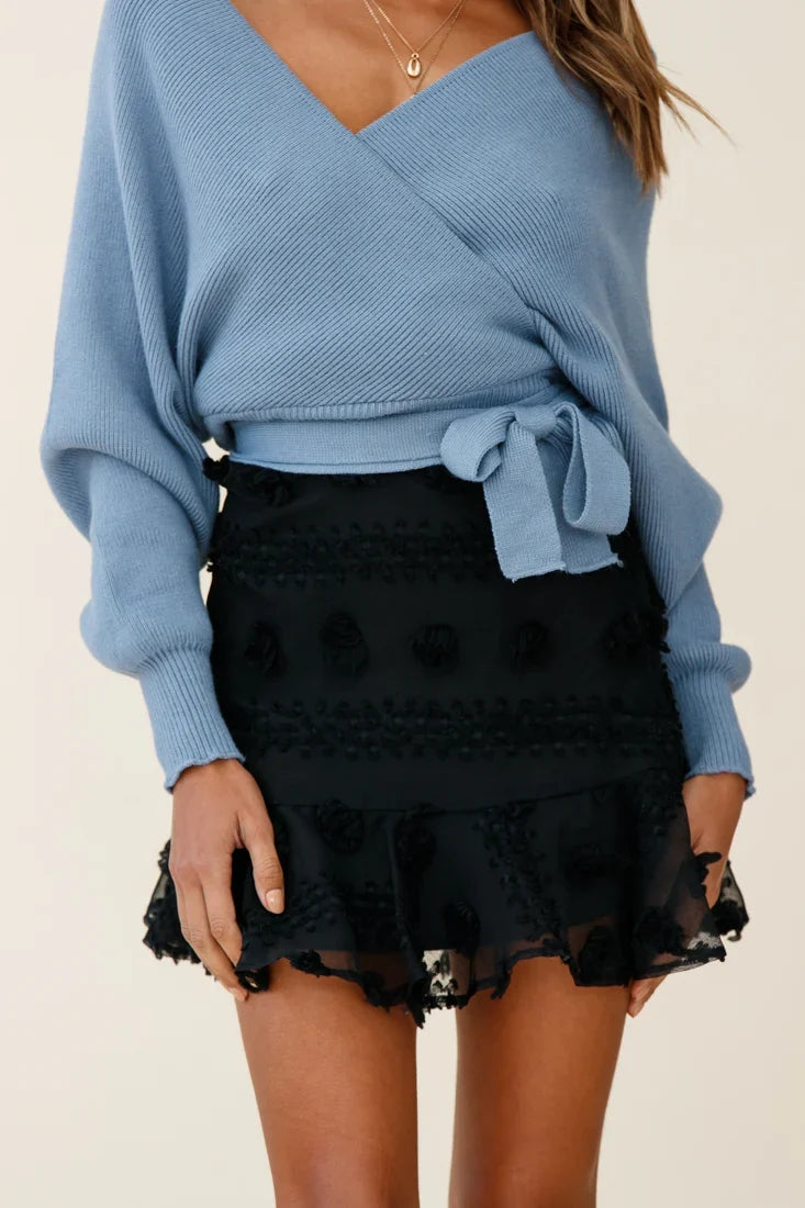 Savannah Floral Embellished Flounce Hem Mini Skirt Black