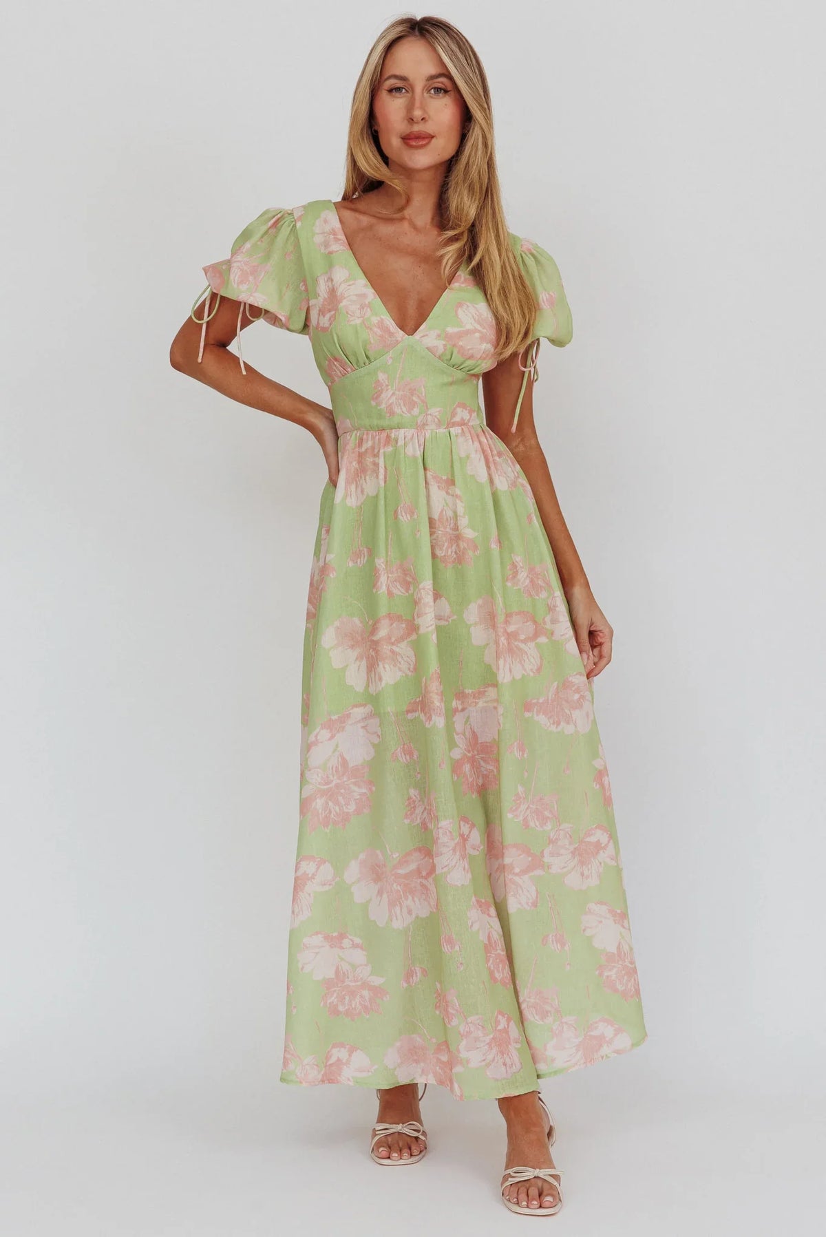 Loveberry Puff Sleeve A-Line Maxi Dress Green