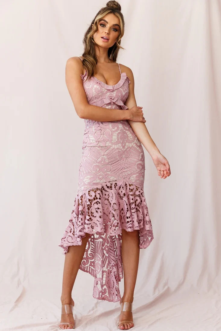 Shakeera High-Low Hem Lace Dress Blush