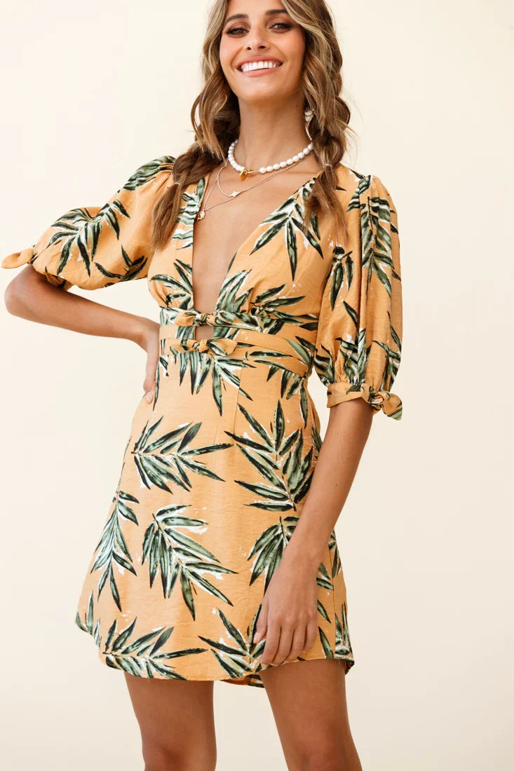 Camarillo Puff Sleeve Bow Detail Dress Leaf Print Sunset