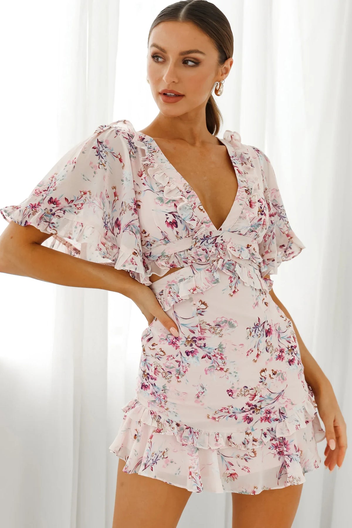 My Belle Cut-Out Detail Frill Accent Dress Floral Print Pink