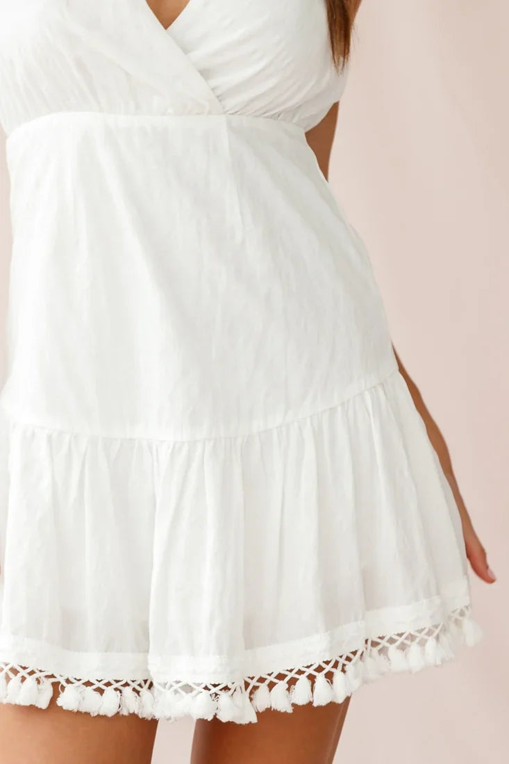 Lazy Days Tied Back Tassel Trim Dress White