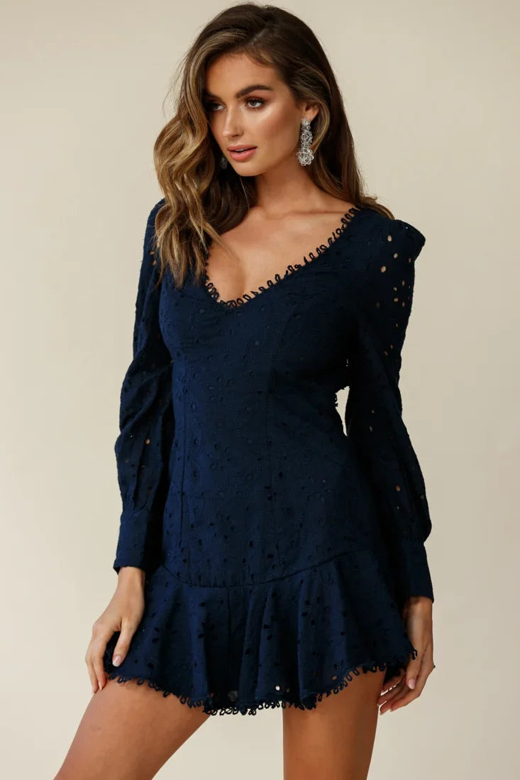 Camellia Open Back Cuff Sleeve Dress Anglaise Navy