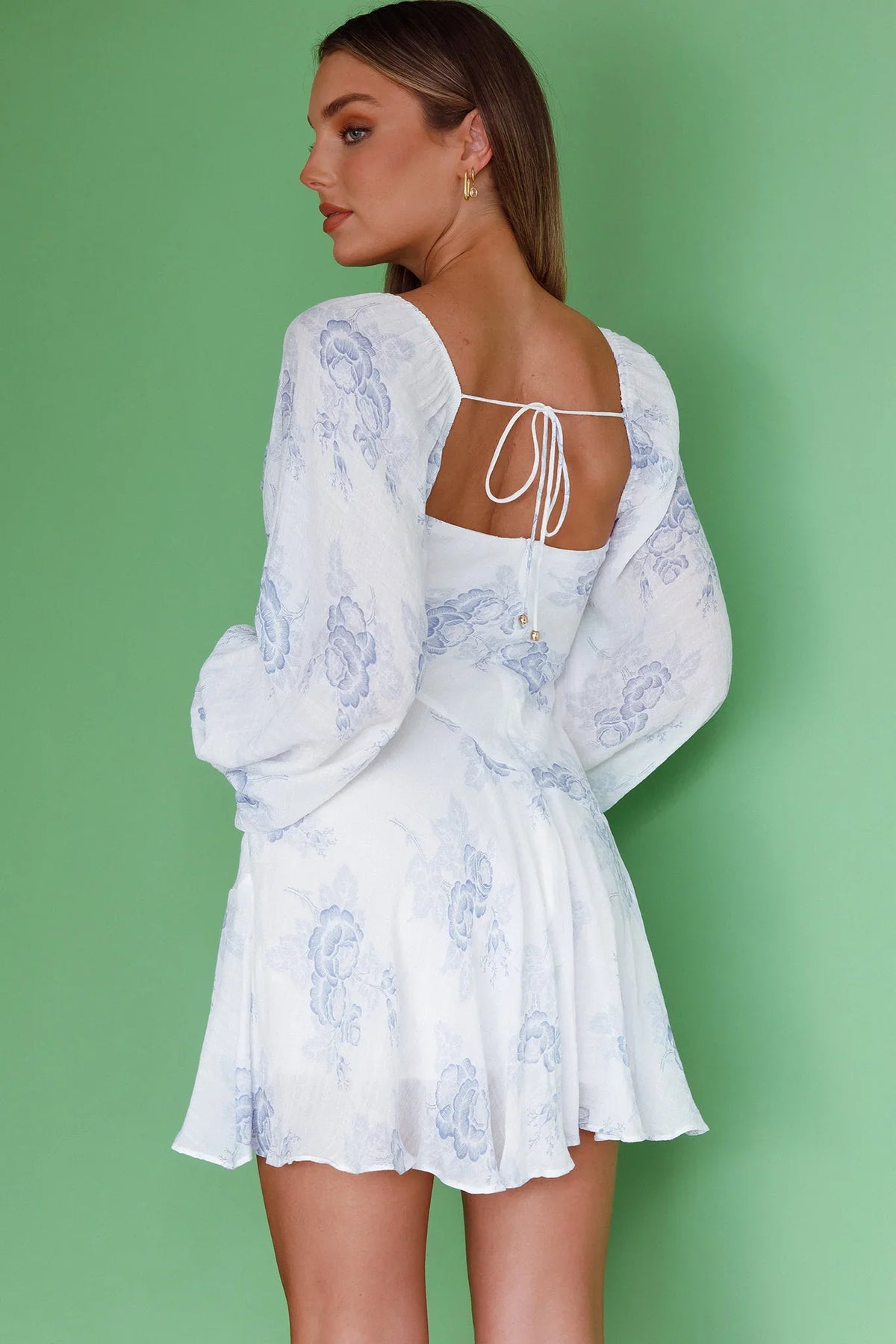 Beaujolais Long Sleeve Cowl Neckline Ruffle Mini Dress Floral Blue