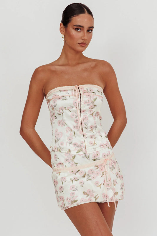 Tiya Lace Trim Mini Skirt Floral Pink