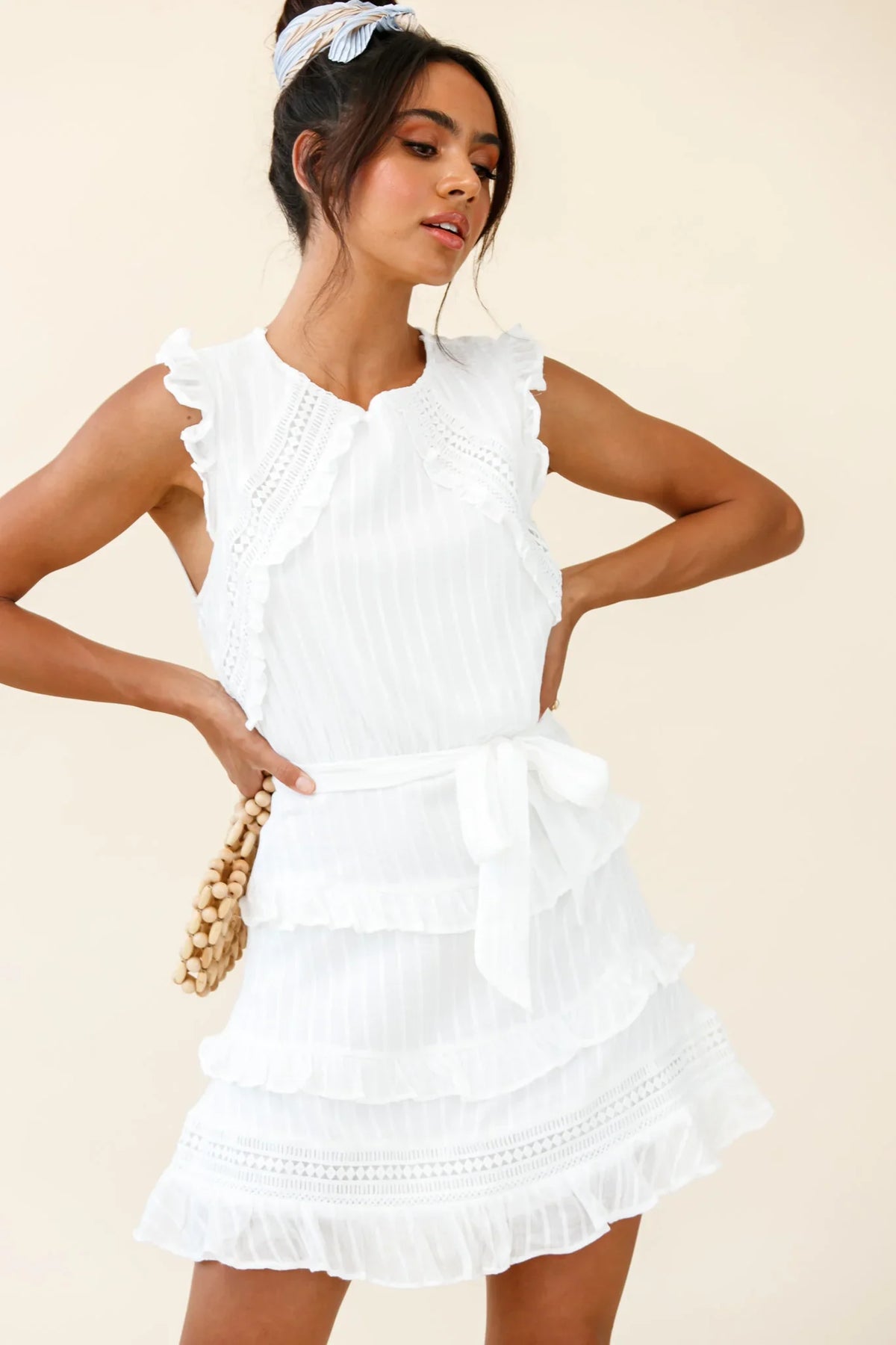 Olga Tiered Frill Detail Waist Tie Dress White