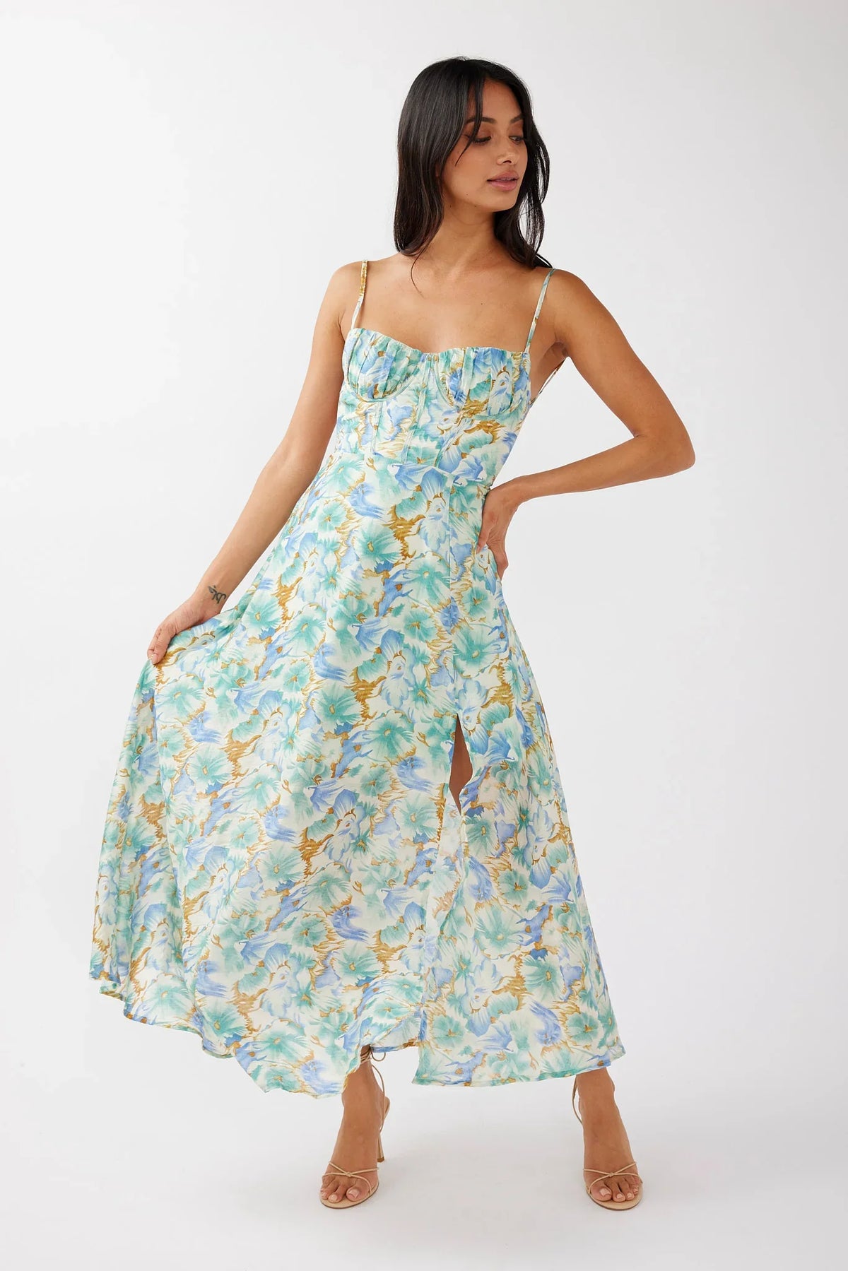 Echoes Tied Back A-Line Midi Dress Floral Green