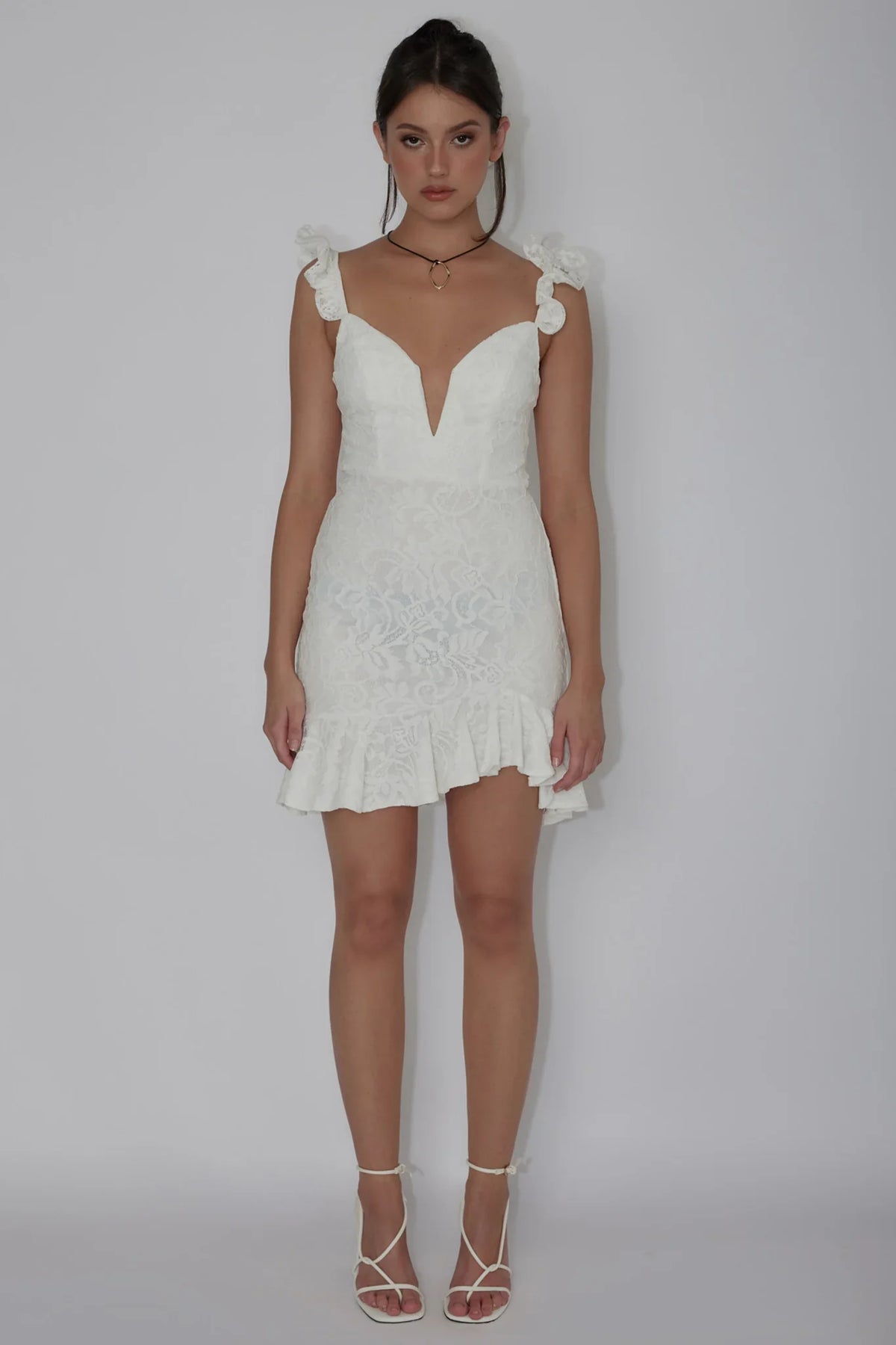Kianna Ruffle Strap Lace Mini Dress White
