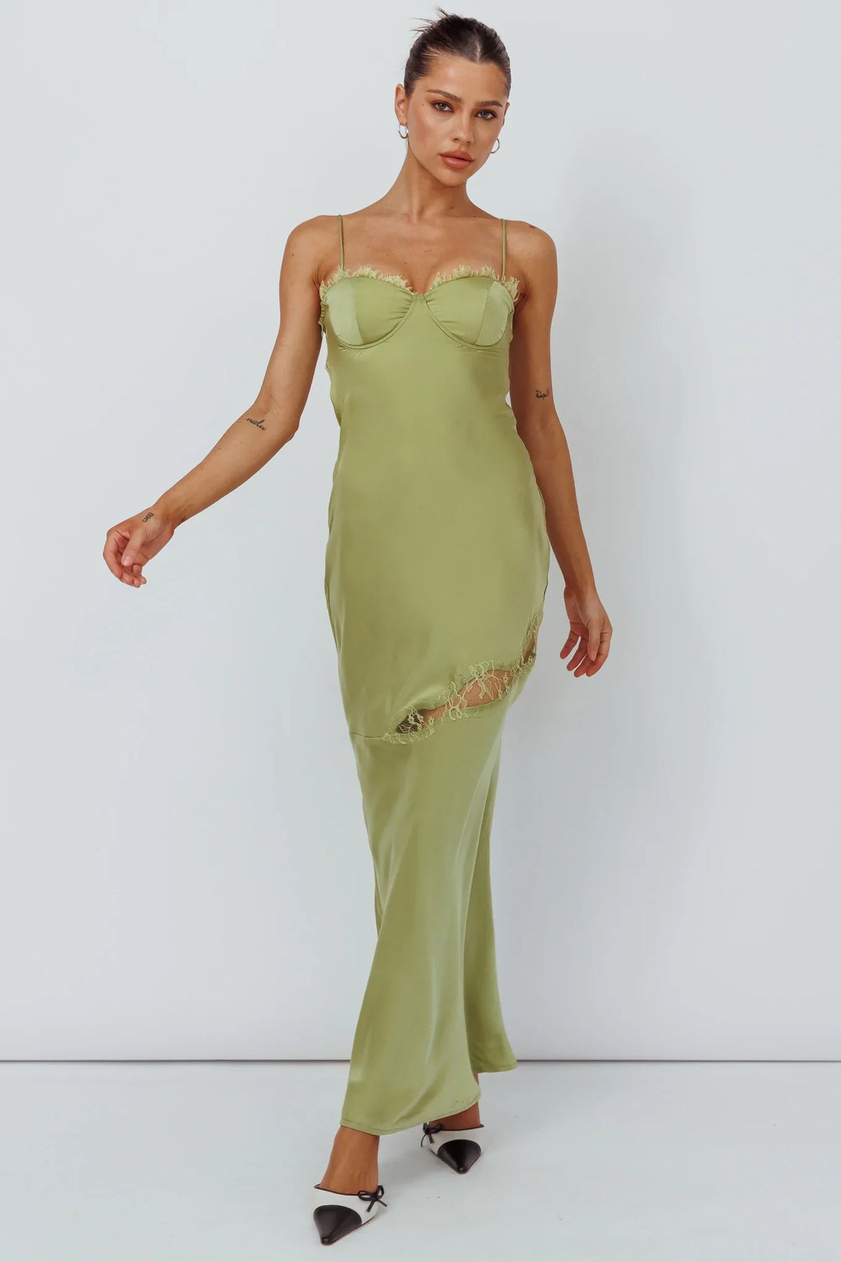 Sweet Talker Lace Trim Midi Dress Lime