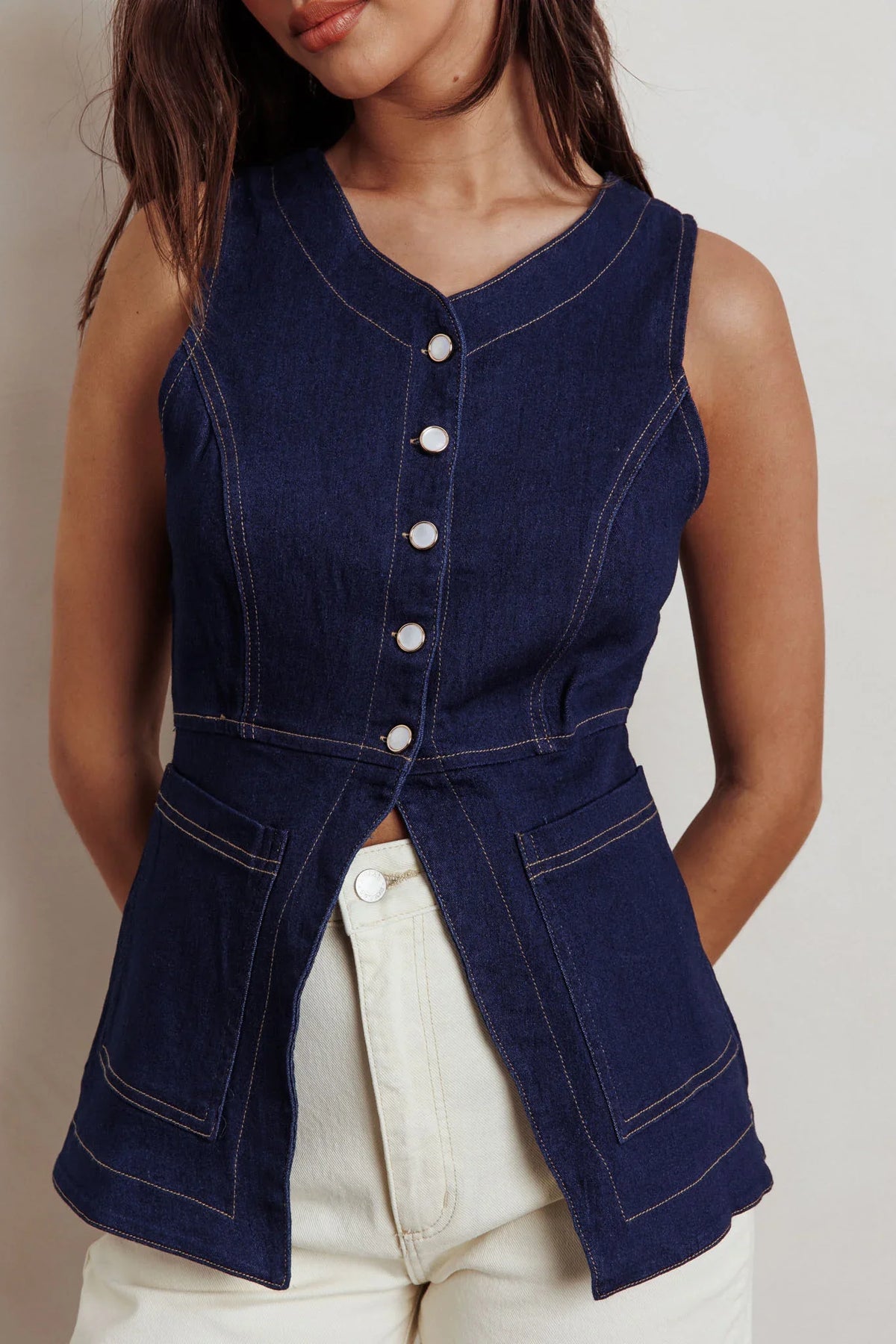 Philomena Button Front Pocket Vest Top Denim