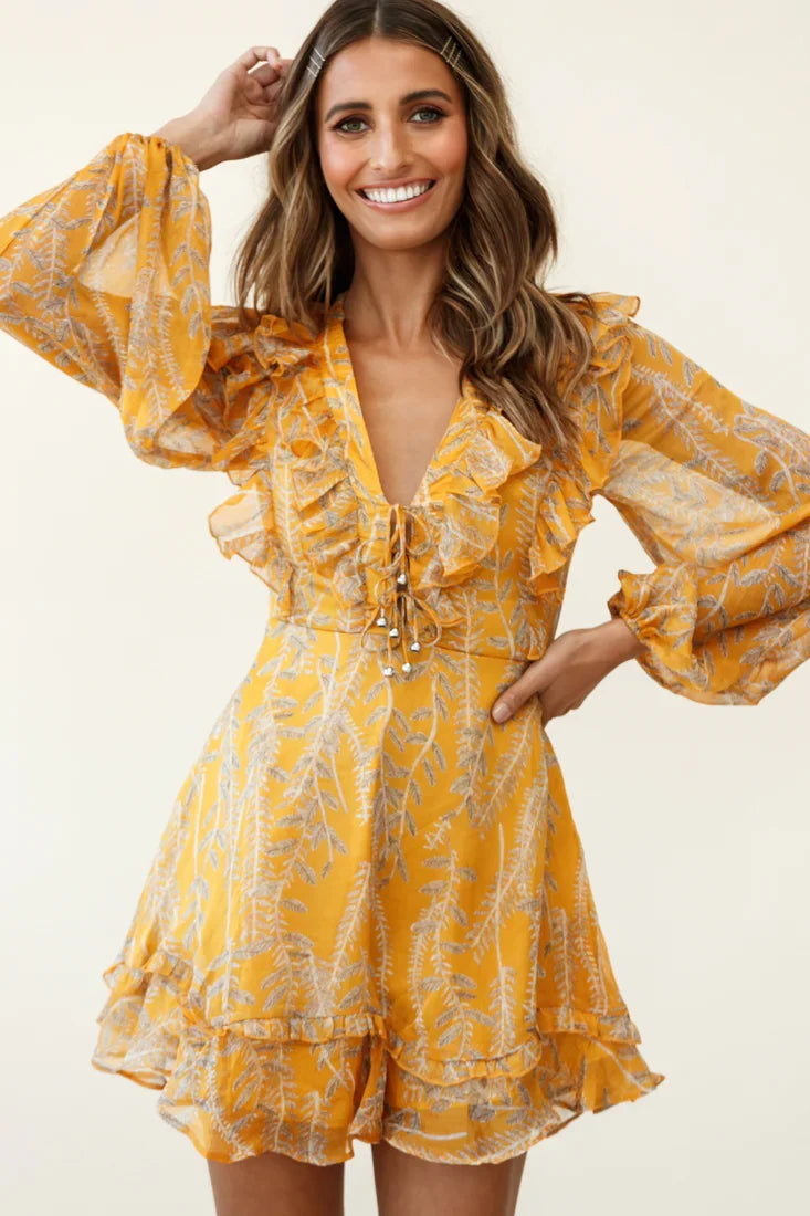 Odette Long Sleeve String Tie Neckline Vine Print Dress Mustard