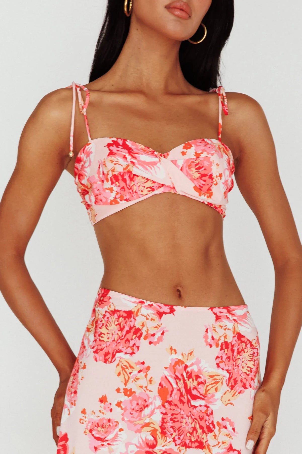 Gabbi Tied Shoulder Crop Top Floral Pink