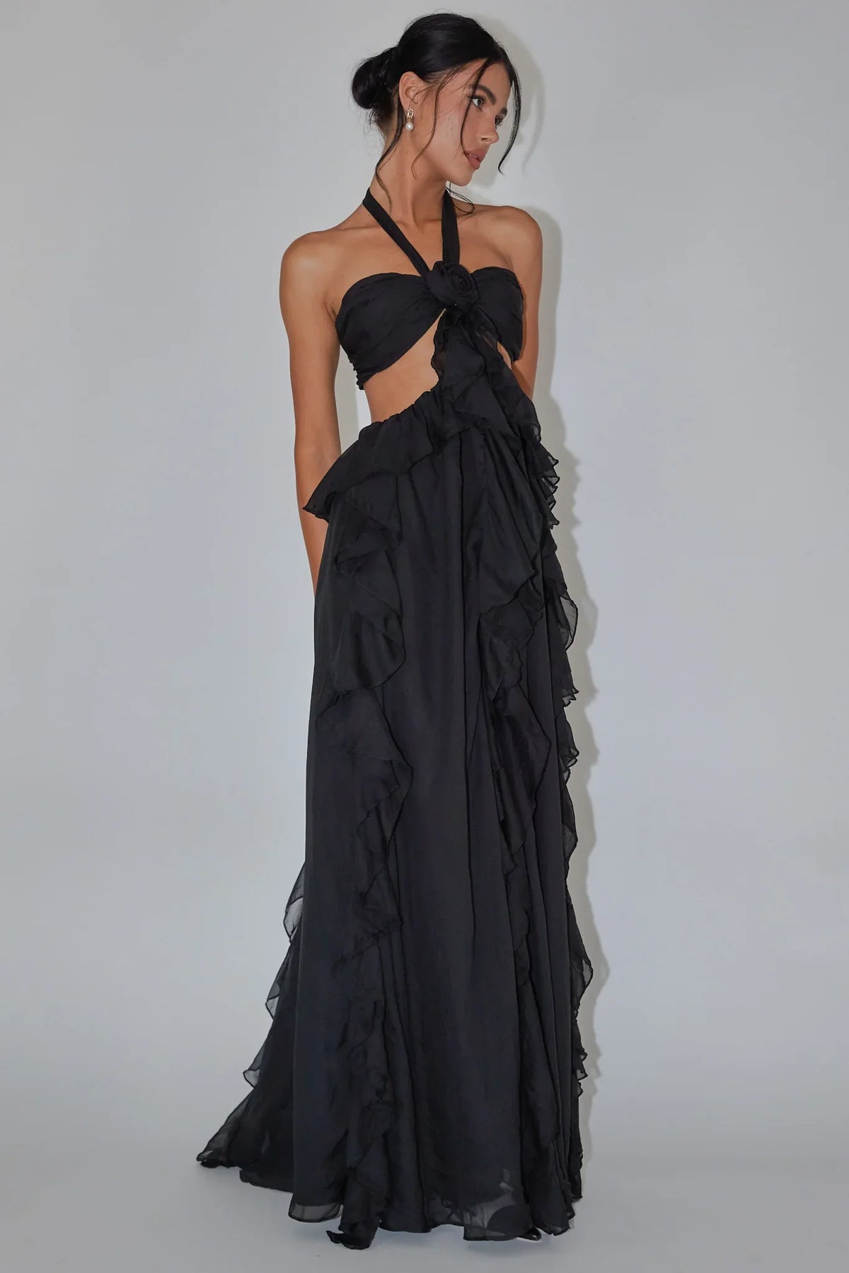 Santiago Cut-Out Ruffle Maxi Dress Black
