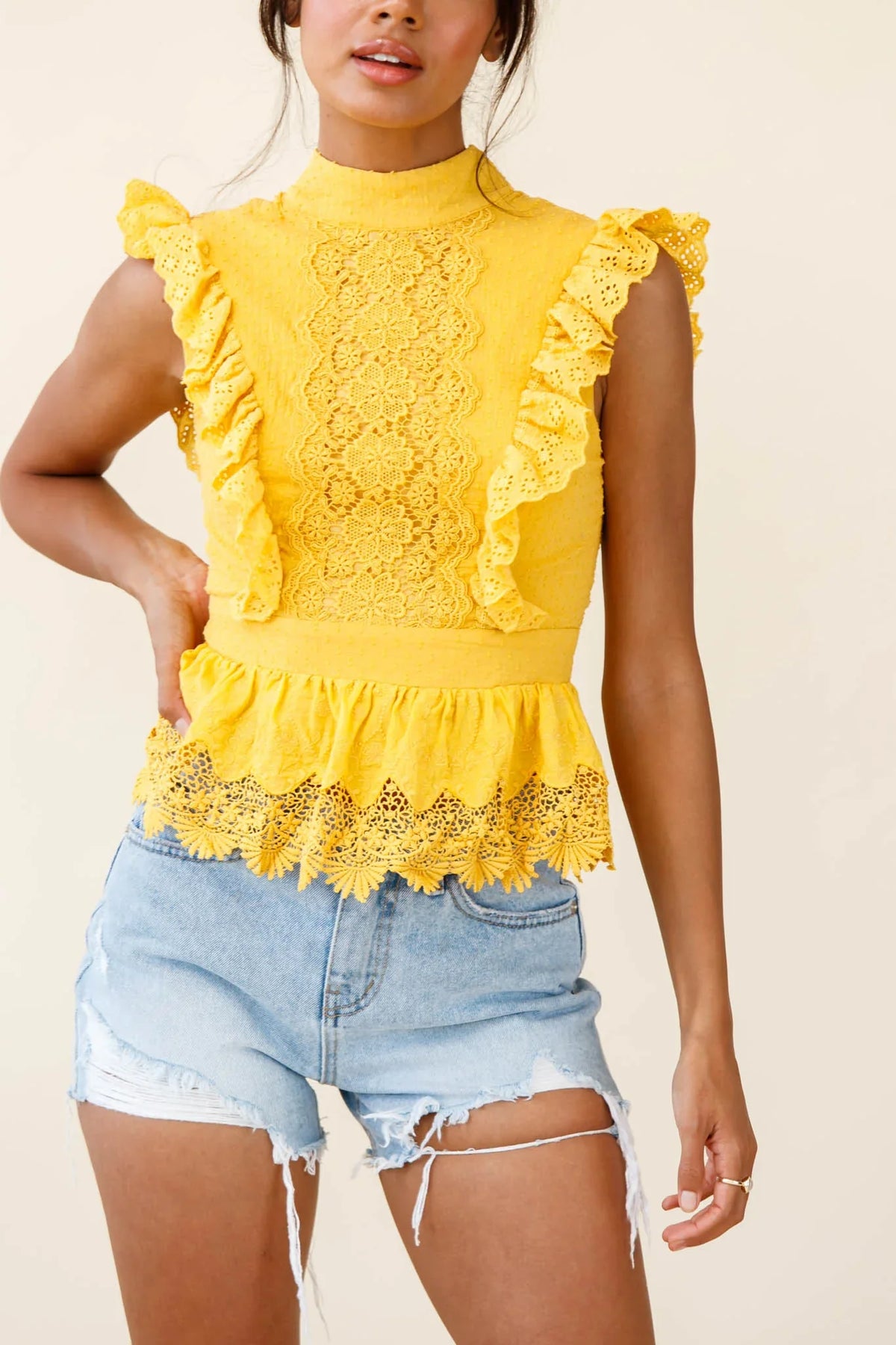 Gracious Sleeveless Open Back Peplum Top Yellow