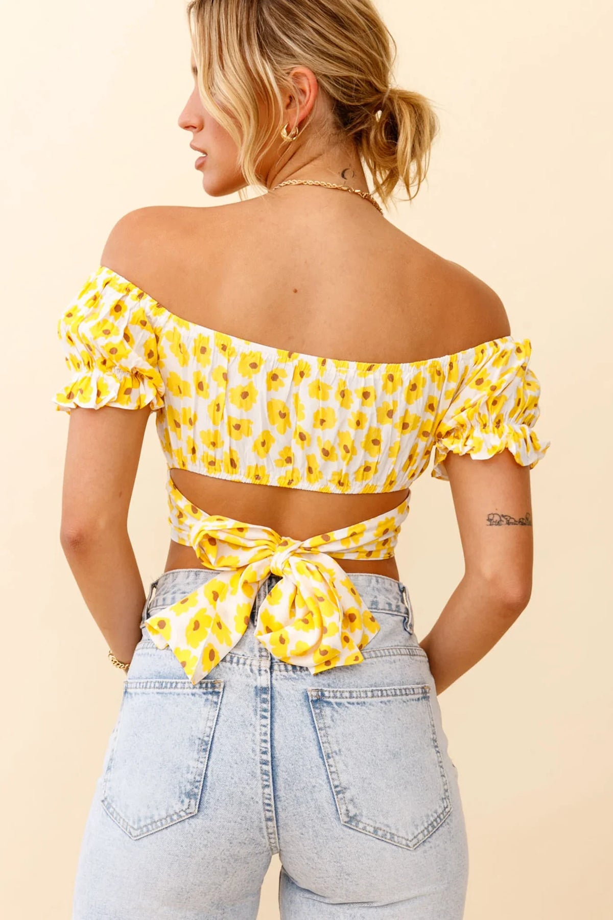 Linka Off-Shoulder Tie-Back Crop Top Flower Print Yellow