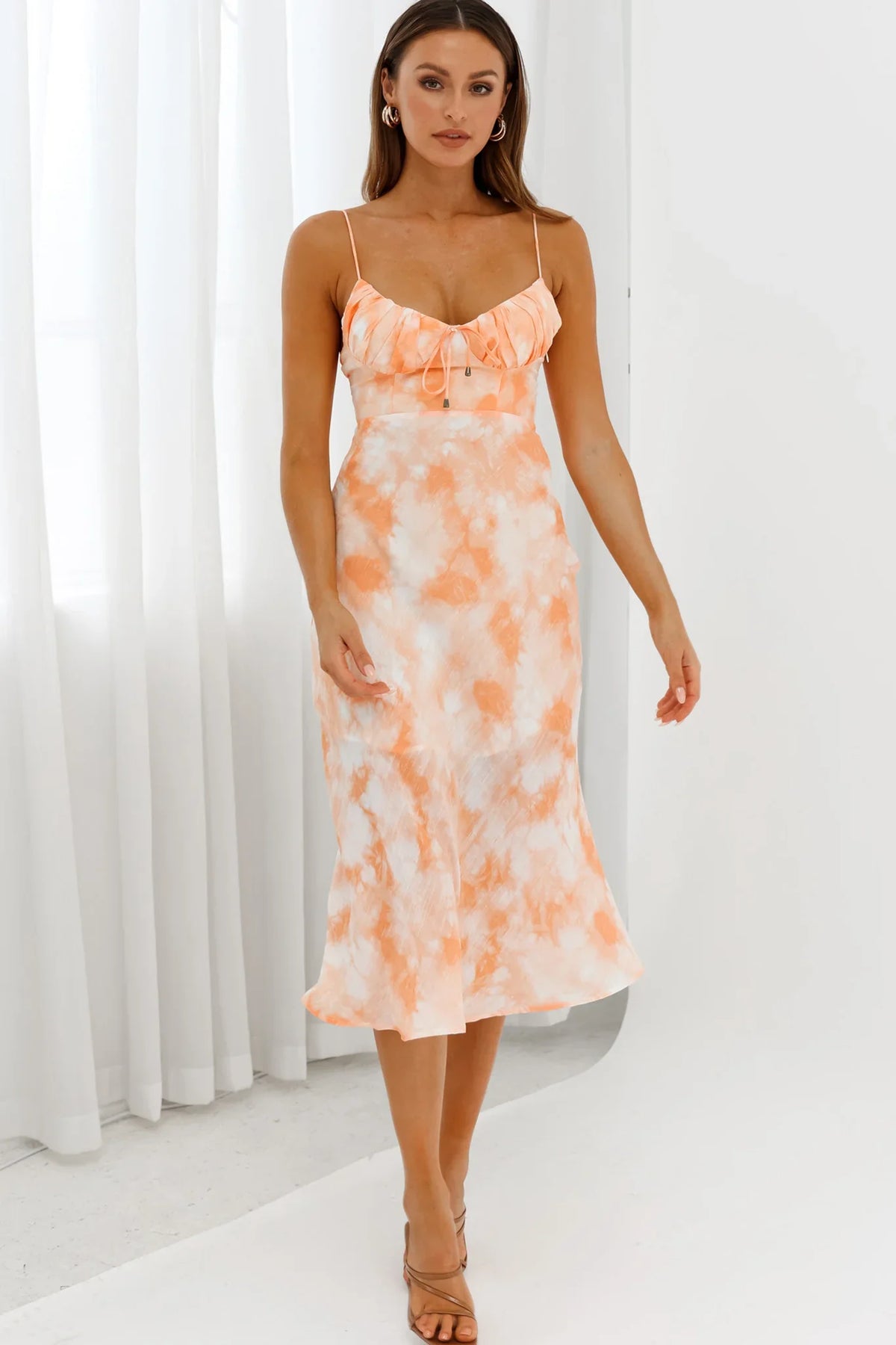 Malibu Gathered Bust Cami Strap Midi Dress Tie-Dye Orange