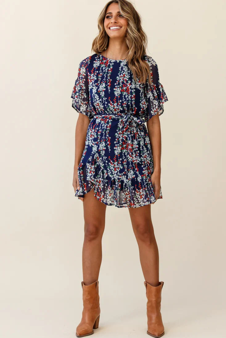 Azealia Ruffle Hem Dress Floral Print Navy