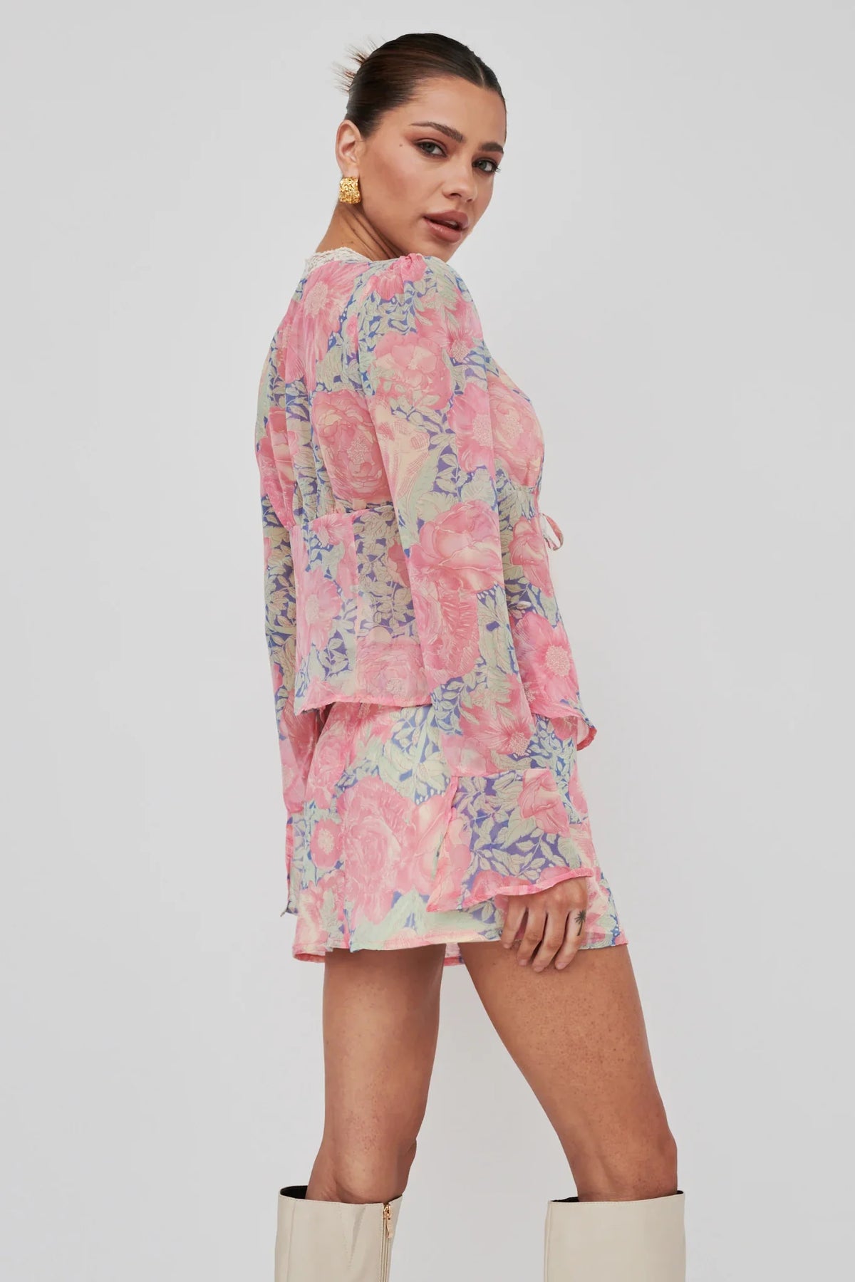 Sincerity Long Sleeve Tie Front Top Print Blue