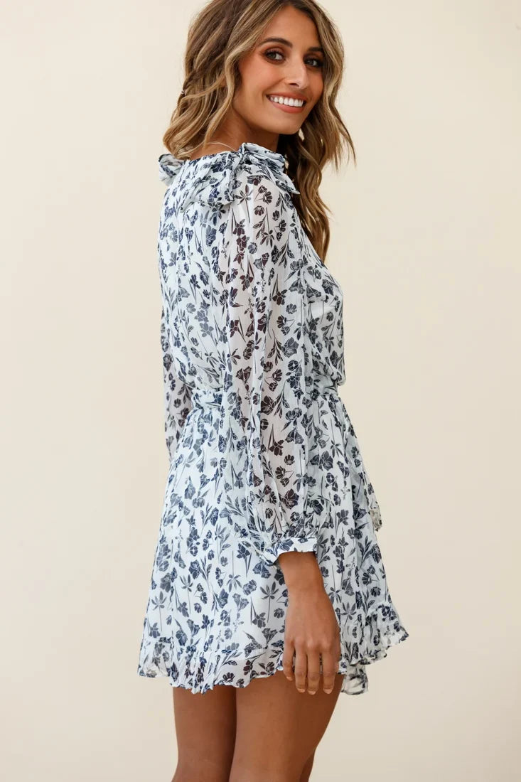 Leigh Long Sleeve Waist Tie Dress Floral Print Navy/White