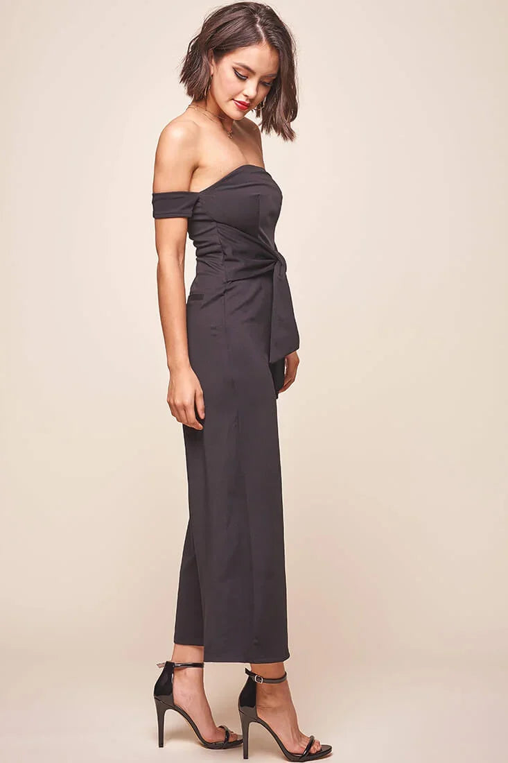 Joan Off Shoulder Waist Tie Wide Leg Jumpsuit Black