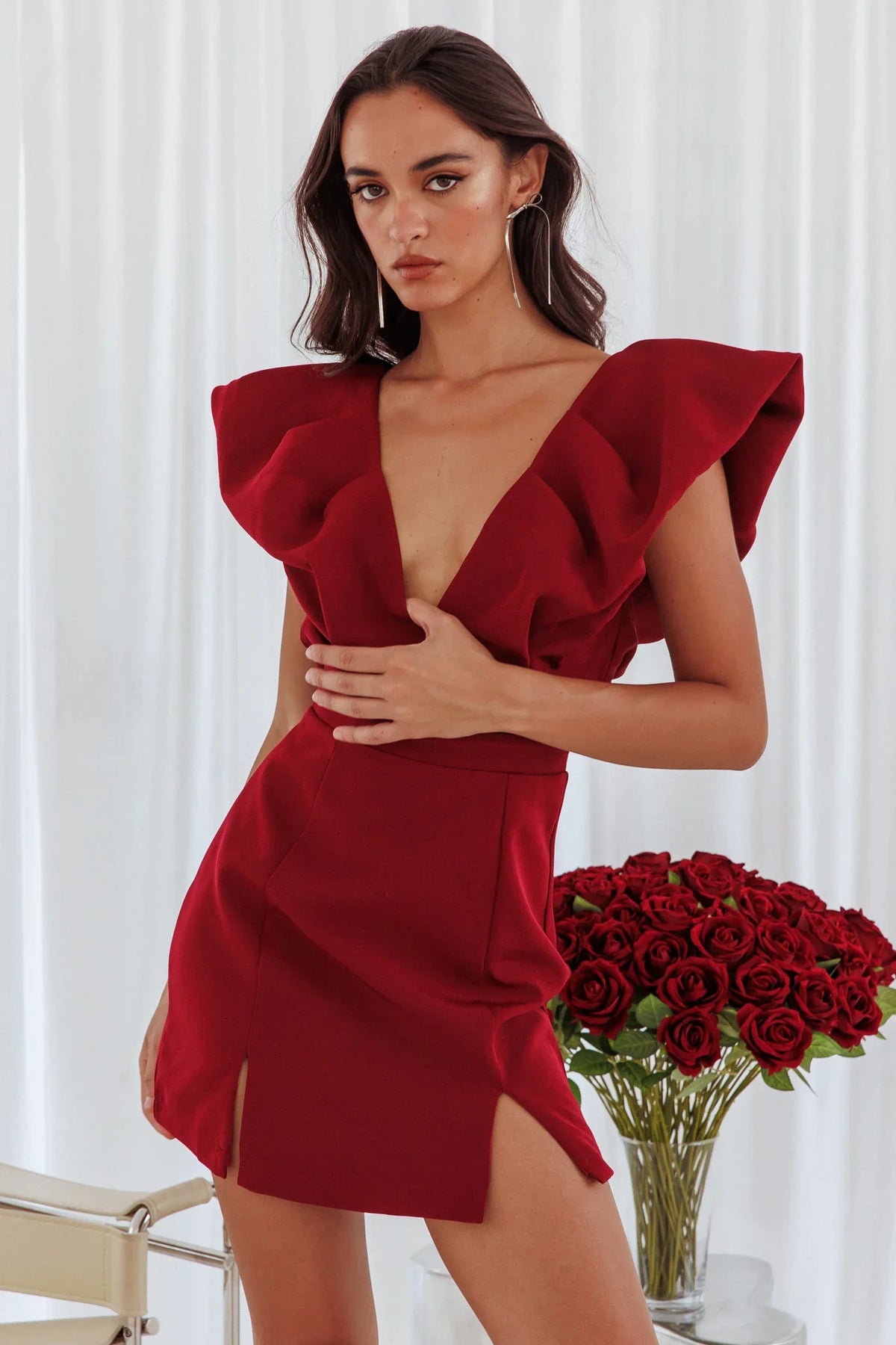 Liardon Bubble Sleeve V-Neckline Mini Dress Wine