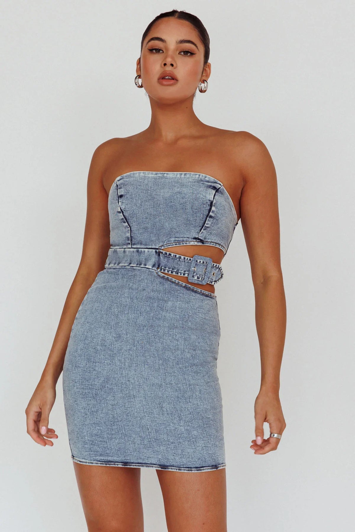 Jett Buckle Waist Mini Dress Denim Blue