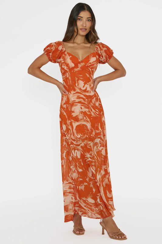Park Avenue Puff Sleeve Midi Dress Print Orange
