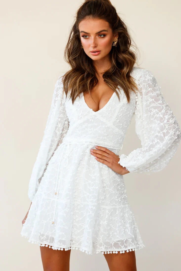 Primrose Long Balloon Sleeve Embroidery Overlay Dress White