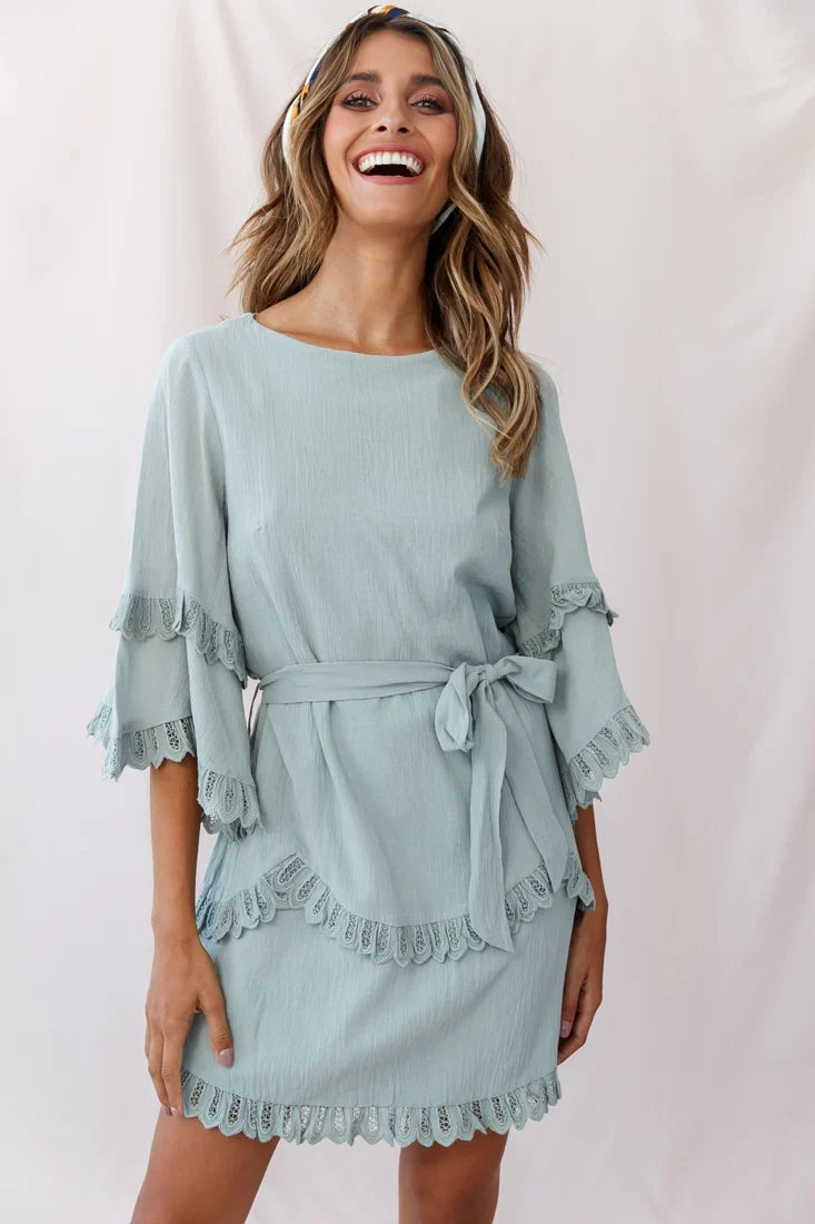 Talitha Waist Tie Lace Trim Dress Sage