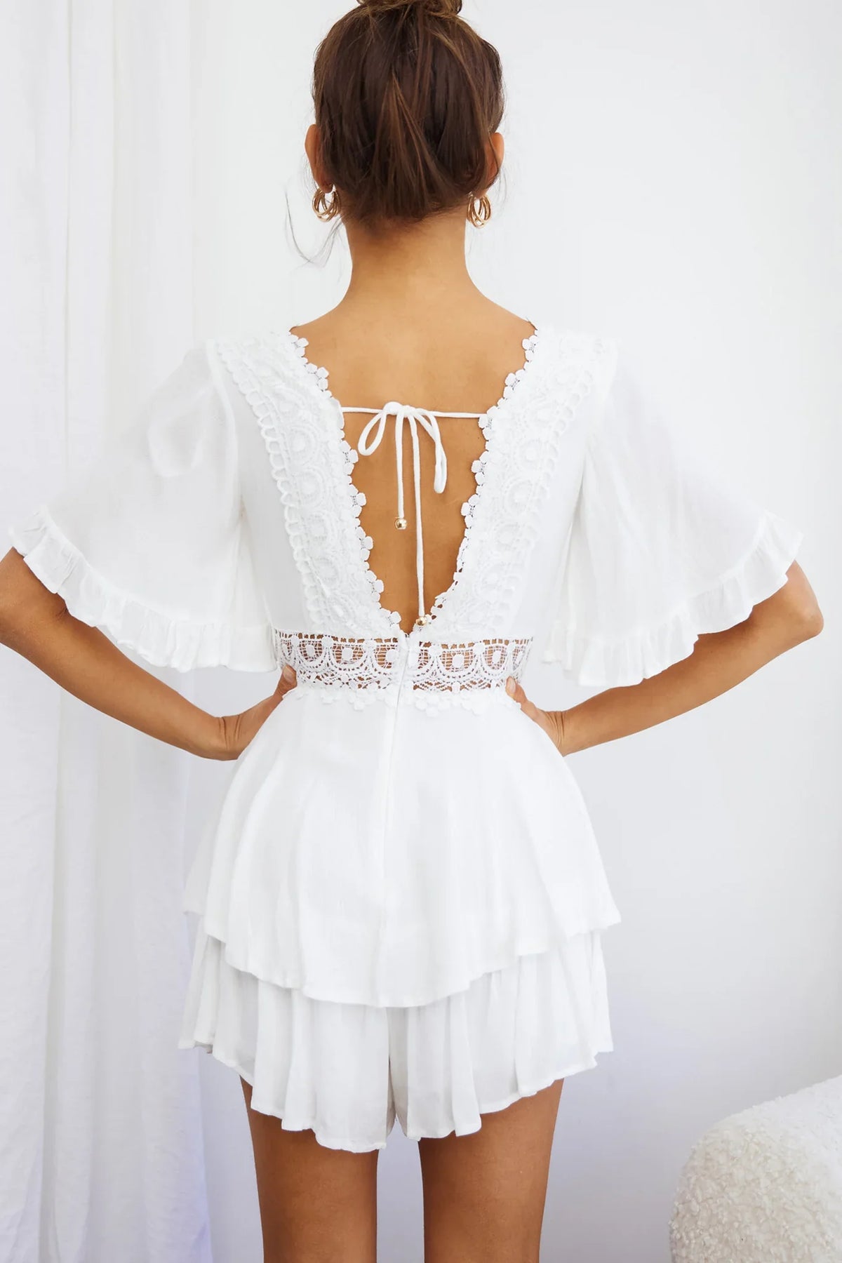 Lillian Crochet Lace Trim Flounce Hem Romper White