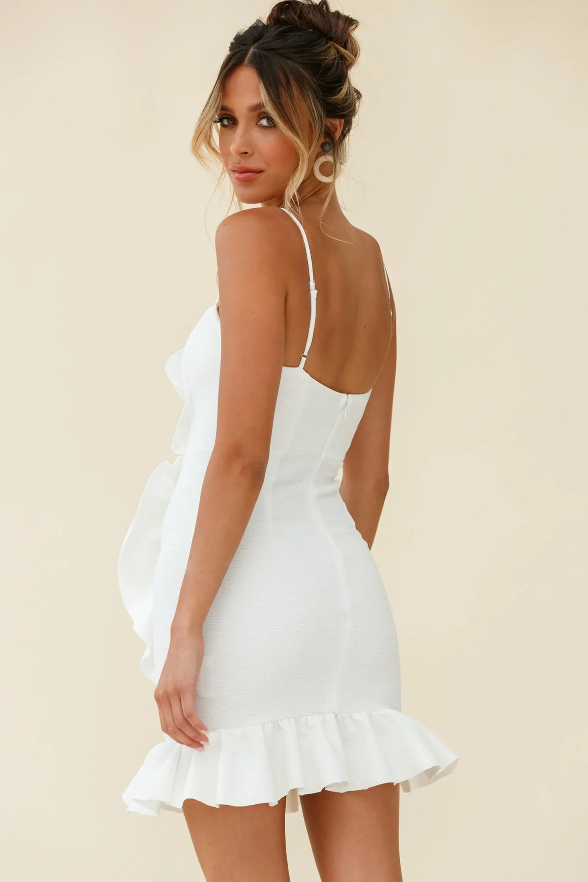Juanita Half Moon Ruffle Detail Bodycon Dress White