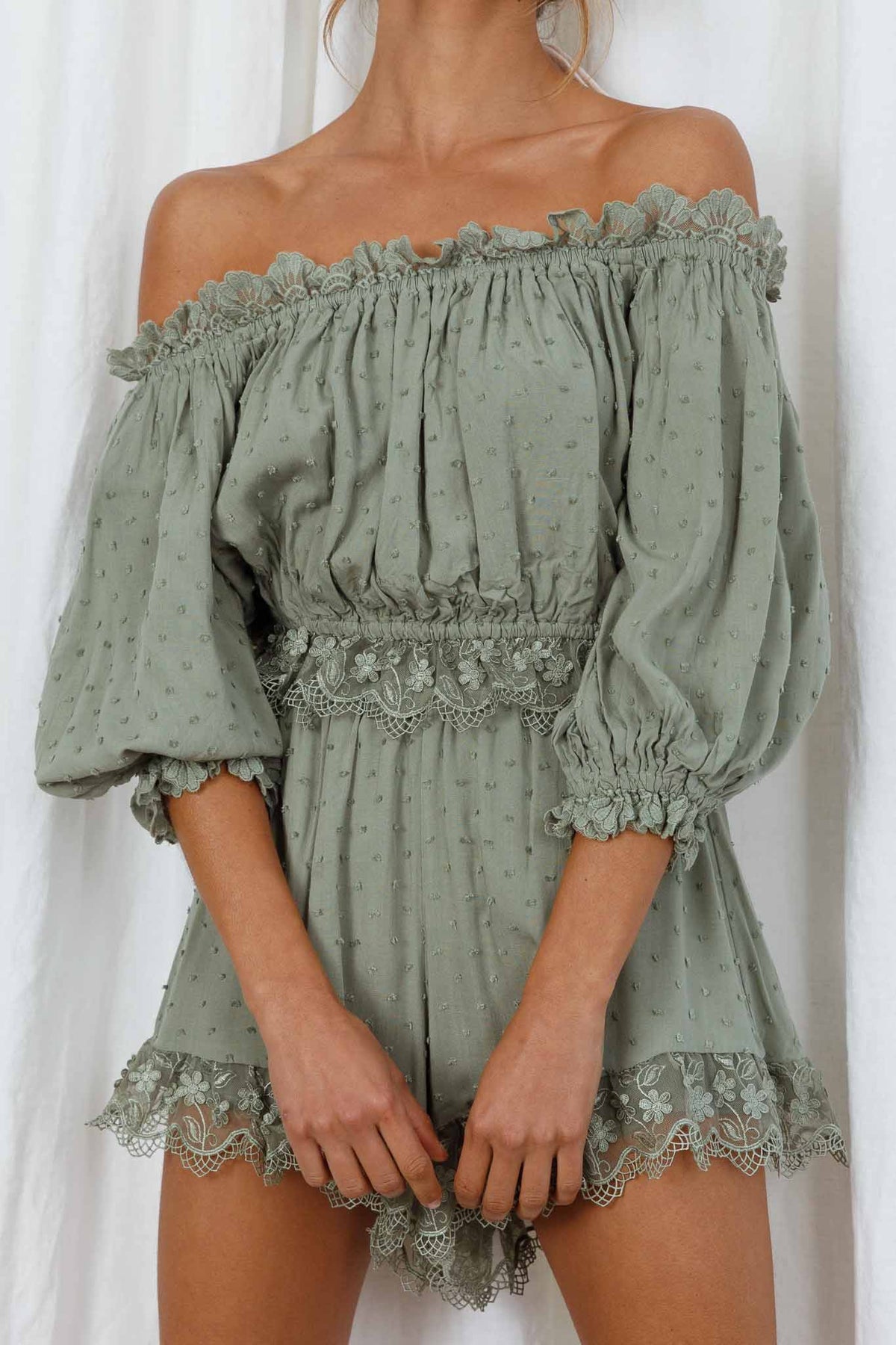 Romilly Scalloped Lace Trim Off-Shoulder Top Olive