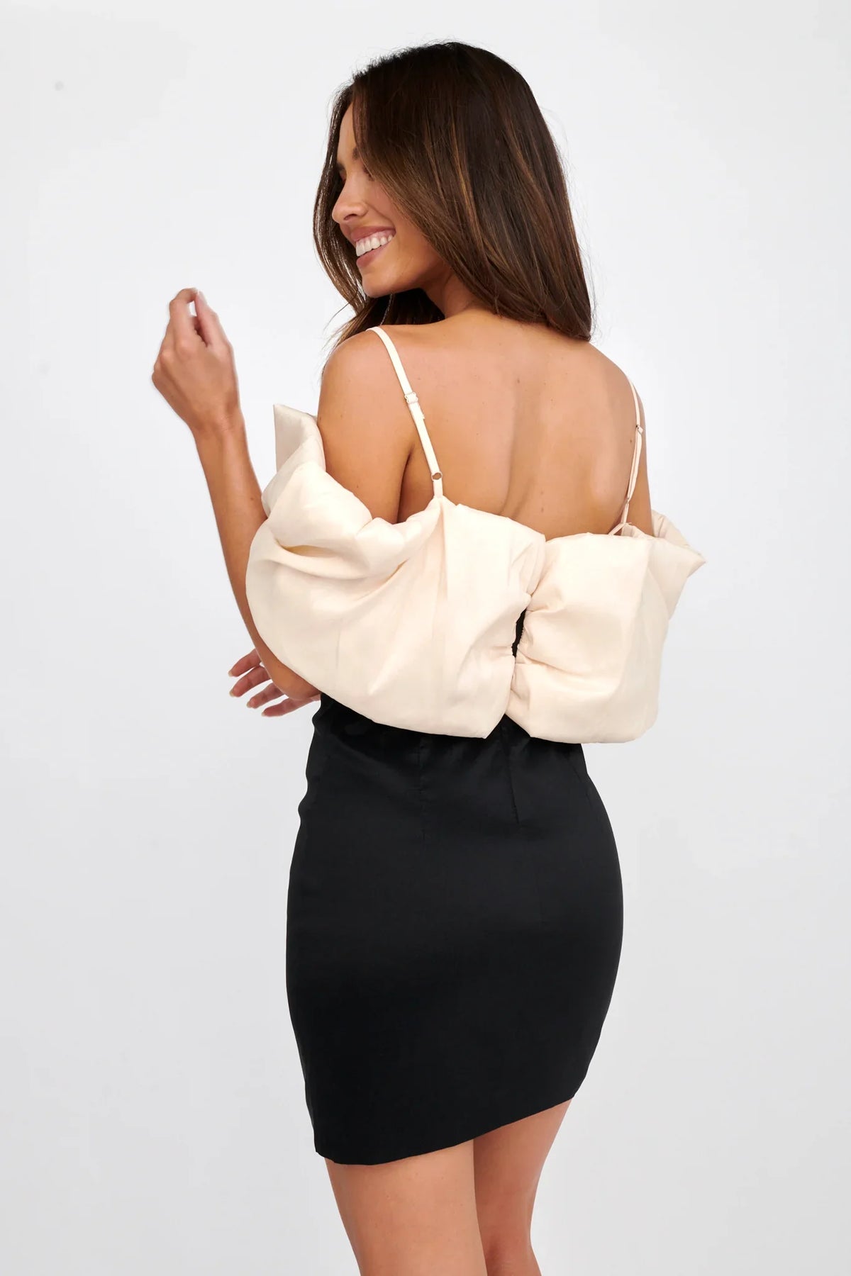 Cosima Puffed Neckline Mini Dress Black/Champagne