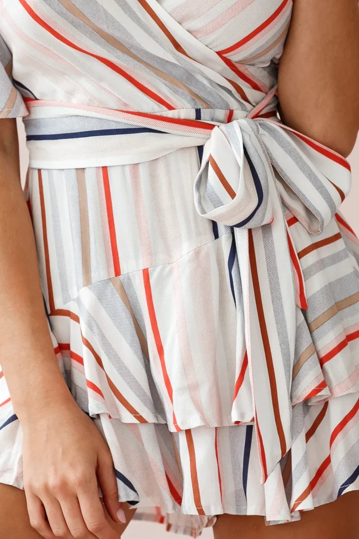 Davina Angel Sleeve Cut-Out Back Romper Multi Stripe Print