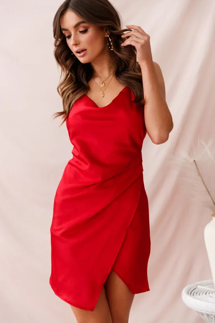 Hey Girl Cowl Neck Wrap Front Dress Red