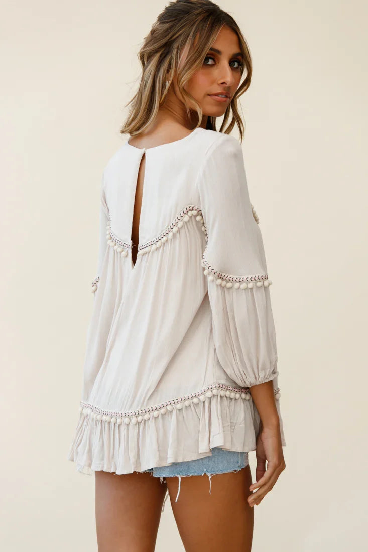 Marionette Three-Quarter Sleeve Pom-Pom Top Beige
