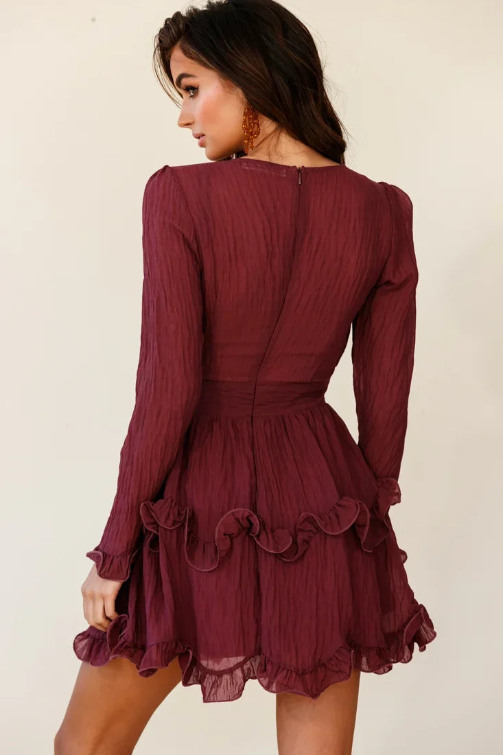 Greta Tiered Ruffle Chiffon Dress Wine