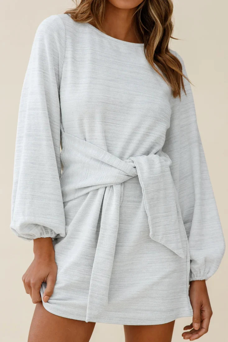 Rapt Waist Tie Bishop Sleeve Knit Dress Steel Grey